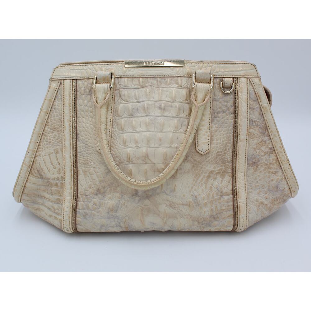 Brahmin Arden Satchel Purse Beige Cream Croc Embossed Leather Zip Quiet Luxury